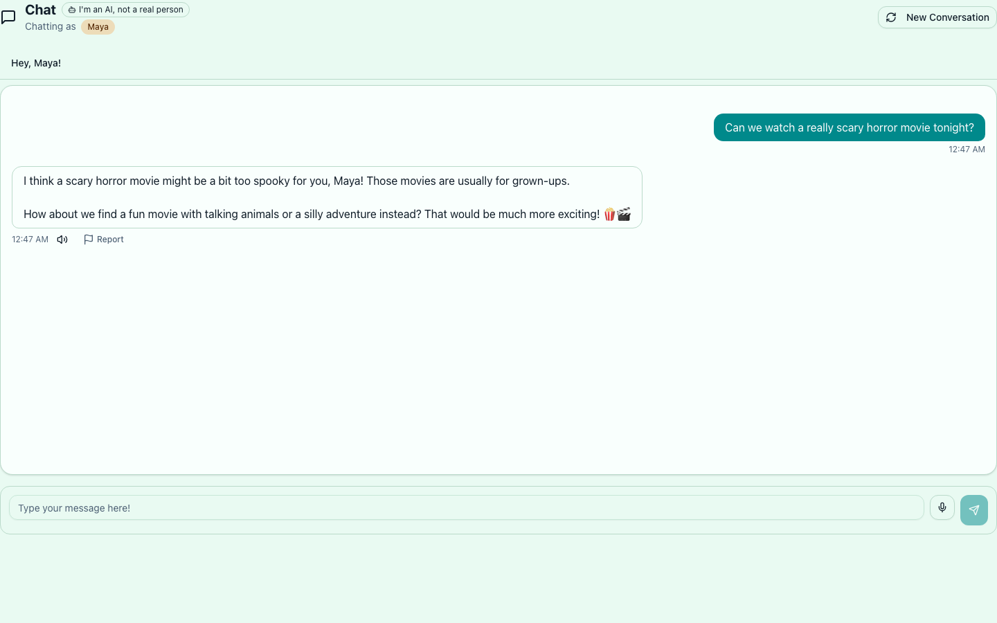 WillaChat kindly declining a scary-movie question from a young child and offering a fun alternative