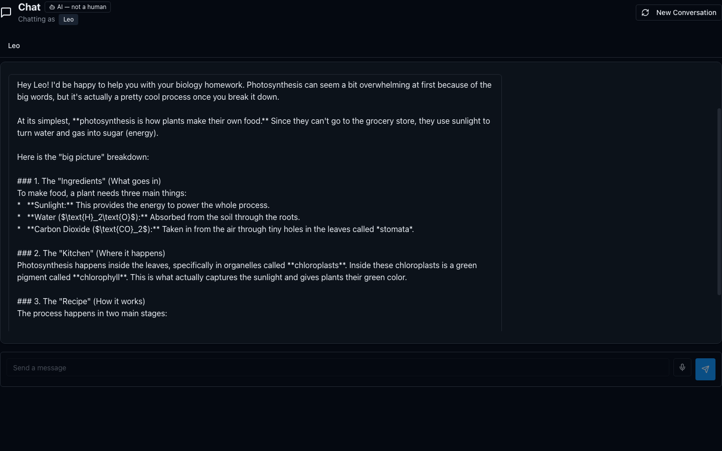 A teenager's chat screen in WillaChat — the same light, friendly design with conversation history and a detailed answer about black holes