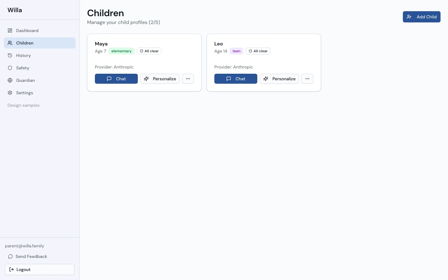 The Children page in WillaChat showing two child profiles, each with their own chat and personalization