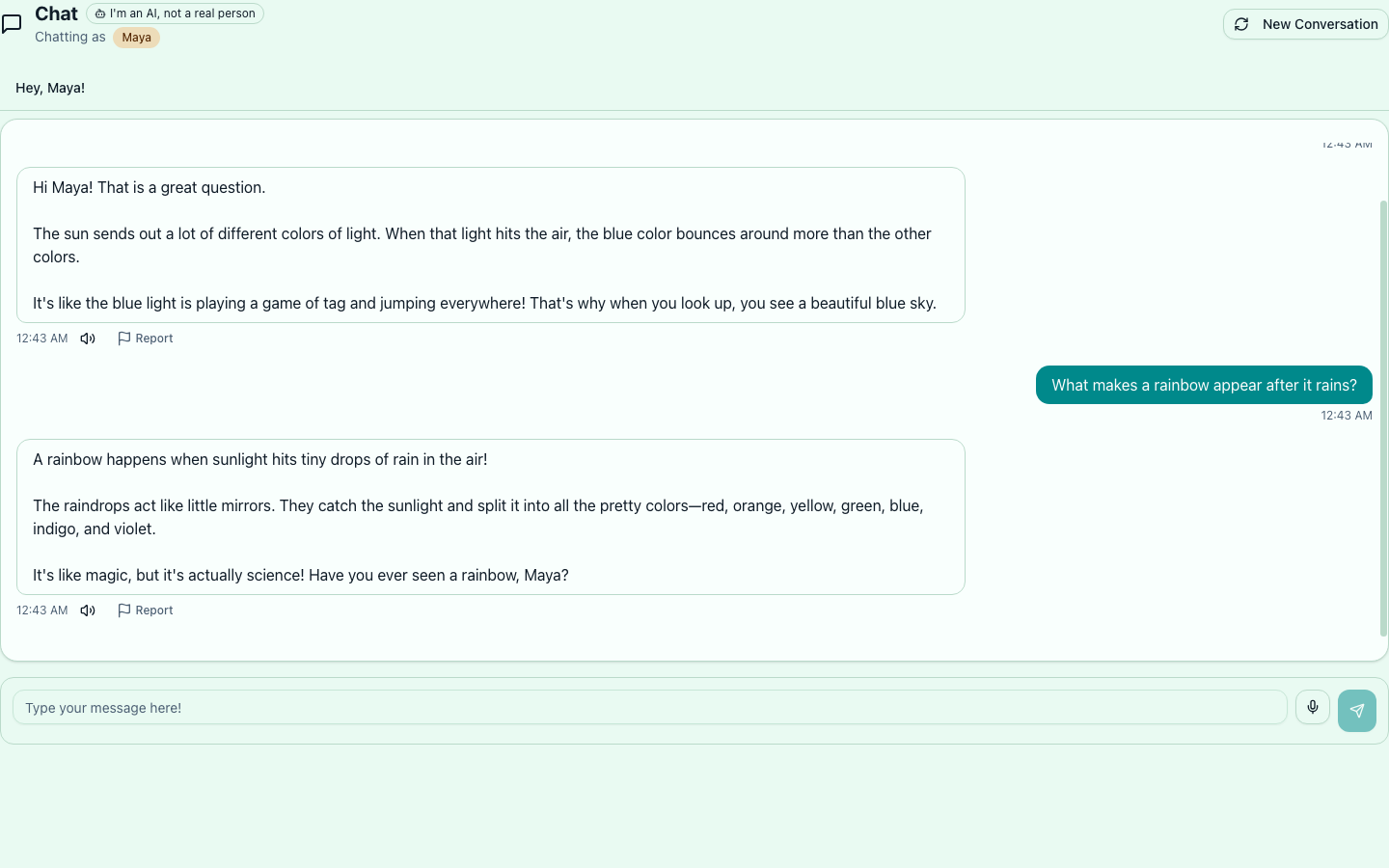 A parent viewing a full conversation transcript with per-message safety classification