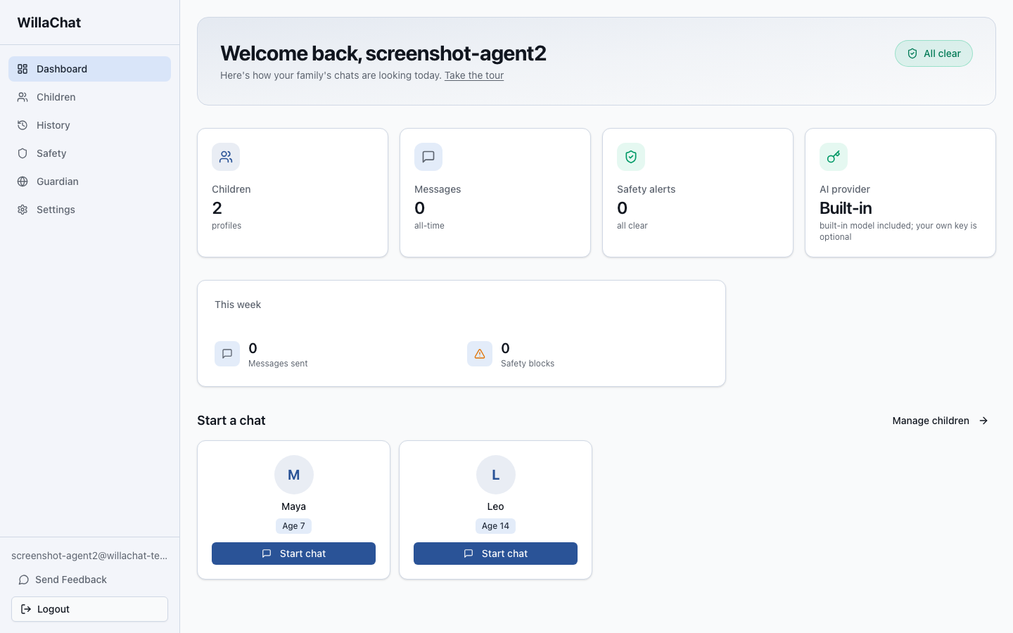 The WillaChat parent dashboard — child profiles, messages, safety alerts, and your AI provider key at a glance