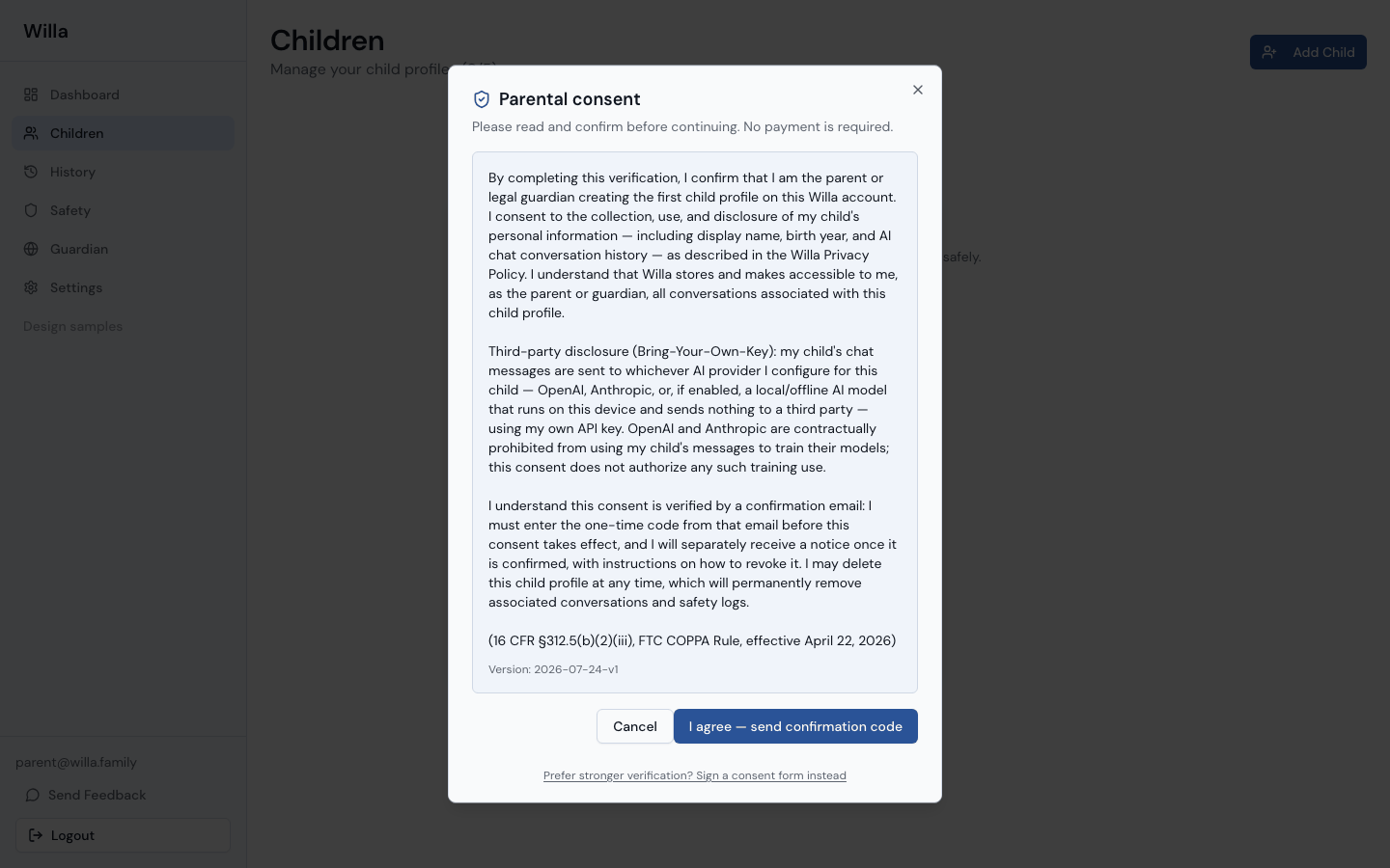 The parental consent step, confirmed with an emailed one-time code before a child profile is created