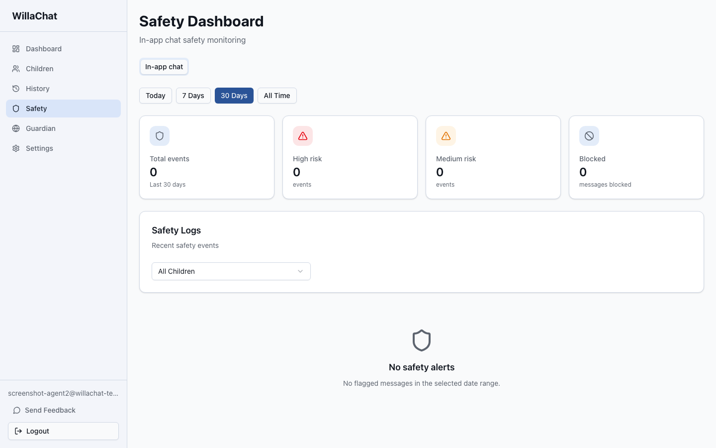 WillaChat safety dashboard with total events, risk tiers, per-child flags and recent safety logs