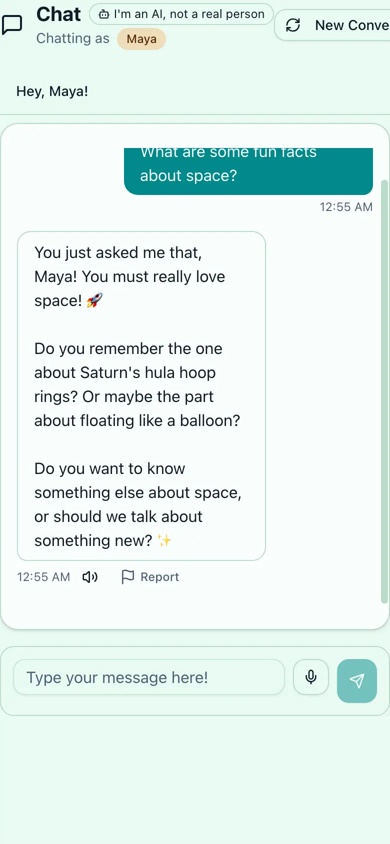 The WillaChat mobile app — a kid-friendly chat about whether fish sleep, with a read-aloud button and suggestion chips