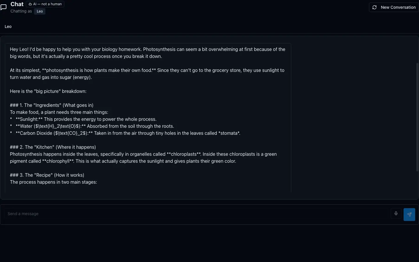 A teenager's chat screen in WillaChat — the same light, friendly design with conversation history and a detailed answer about black holes