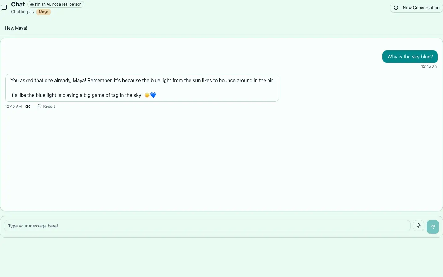 WillaChat running in a web browser — Maya's bright, friendly chat screen