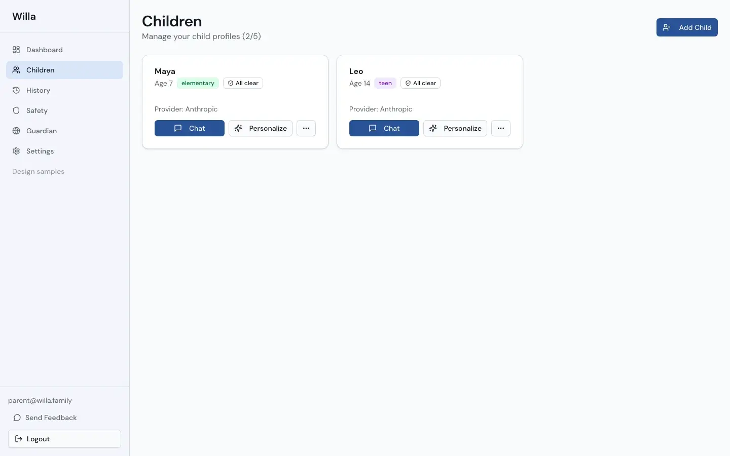 The Children page in WillaChat showing two child profiles, each with their own chat and personalization
