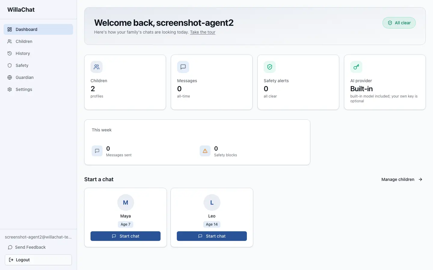 The WillaChat desktop app showing the parent dashboard with child profiles and safety alerts