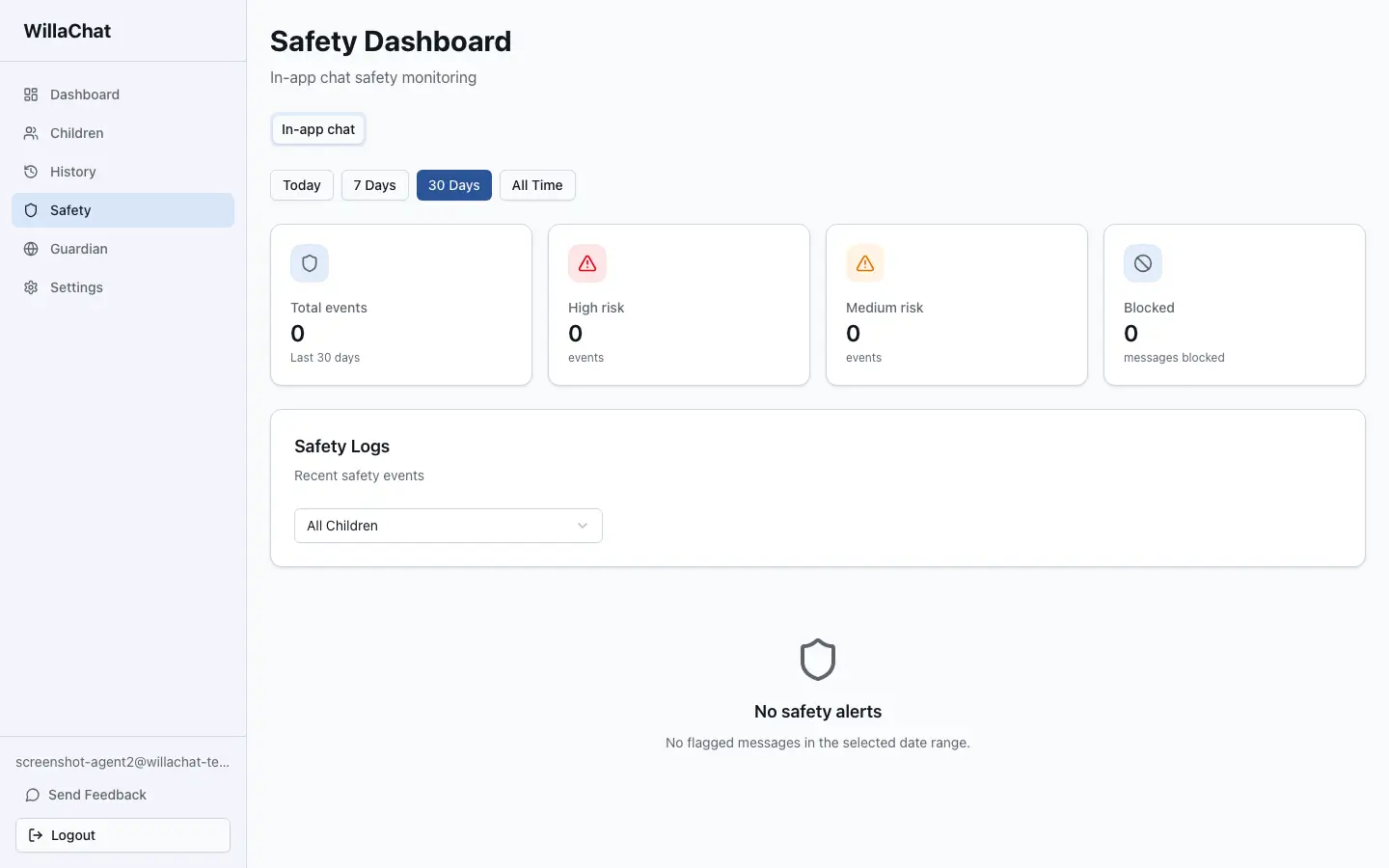 WillaChat safety dashboard with total events, risk tiers, per-child flags and recent safety logs
